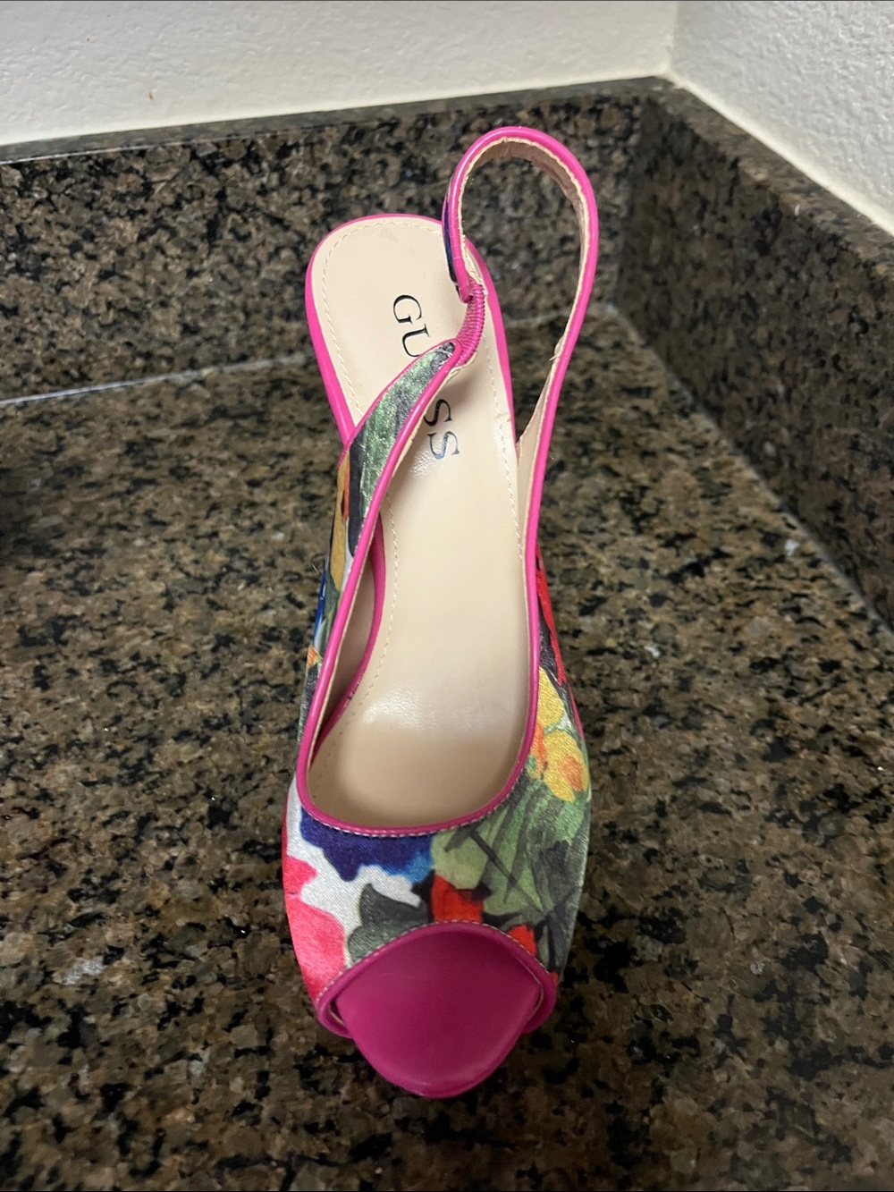GUESS Multicolor Floral Slingback Heels with Pink Trim